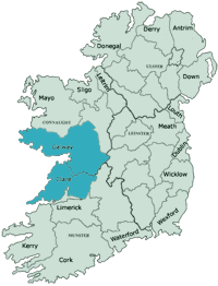 Ireland map with outline of of Galway and Clare